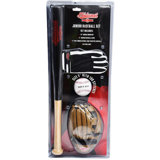Junior Wood Baseball Bat Glove & Ball Set - Tanned Vinyl Leather Double Cross