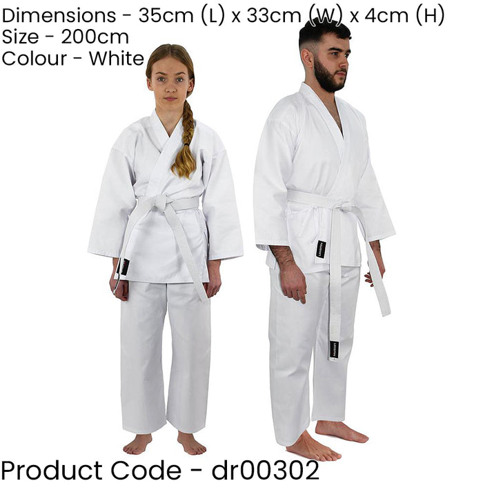 White Adult Karate Gi Suit - 200cm / 6ft 7in - Wrap Around Full Set & Belt 