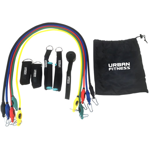 11pc Resistance Tube Band Kit - Home Workout Set - Curl Press Squat Strength