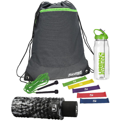9pc Gym Essentials Set - Resistance Bands Foam Roller Water Bottle Rope & Bag