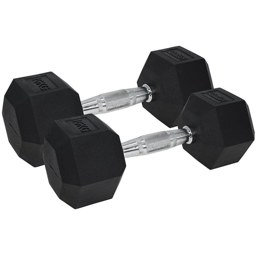 Pro Dumbbell Pair - 2x 10KG Rubber Coated Hex Dumb-Bells - Knurled Steel Handle