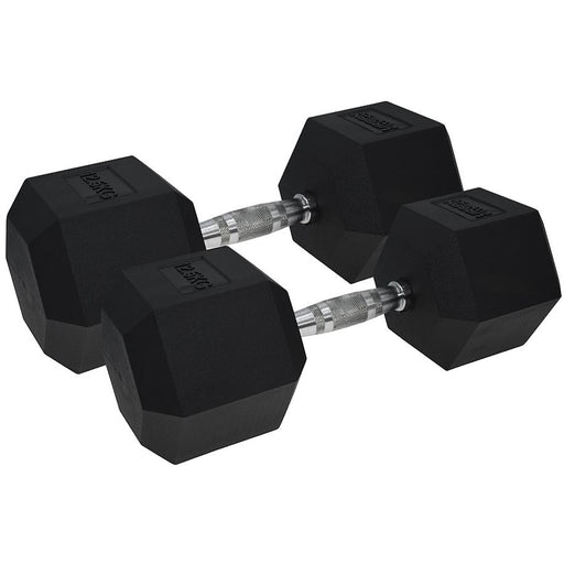 Pro Dumbbell Pair - 2x 12.5KG Rubber Coated Hex Dumb-Bells Knurled Steel Handle