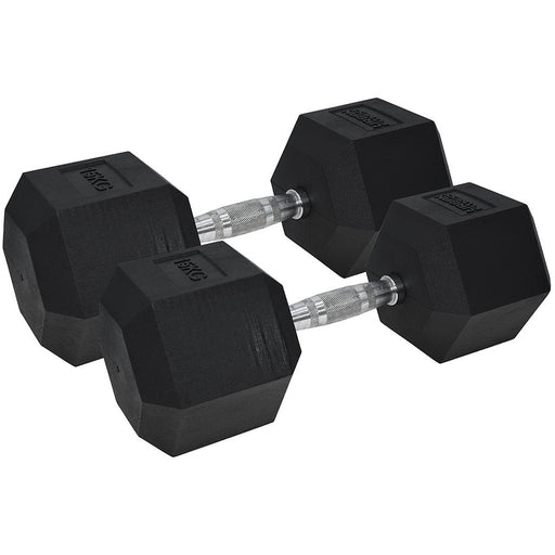 Pro Dumbbell Pair - 2x 15KG Rubber Coated Hex Dumb-Bells - Knurled Steel Handle
