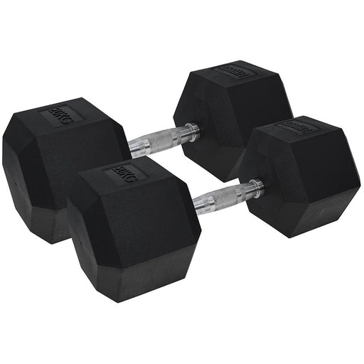 Pro Dumbbell Pair - 2x 20KG Rubber Coated Hex Dumb-Bells - Knurled Steel Handle