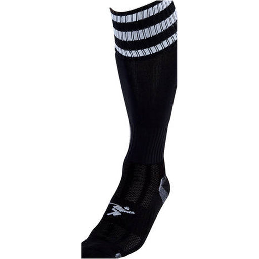 JUNIOR Size 12-2 Pro 3 Stripe Football Socks - BLACK/WHITE - Contoured Ankle