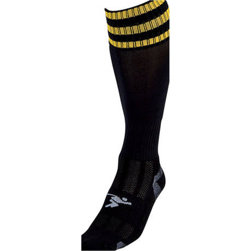 JUNIOR Size 12-2 Pro 3 Stripe Football Socks - BLACK/GOLD - Contoured Ankle
