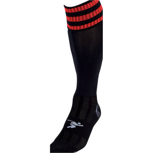 JUNIOR Size 12-2 Pro 3 Stripe Football Socks - BLACK/RED - Contoured Ankle