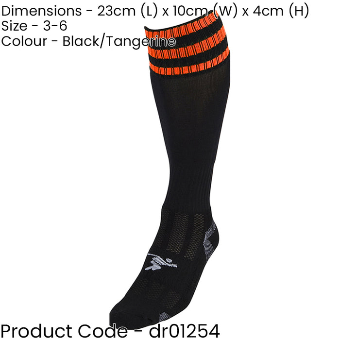 JUNIOR Size 12-2 Pro 3 Stripe Football Socks - BLACK/ORANGE - Contoured Ankle