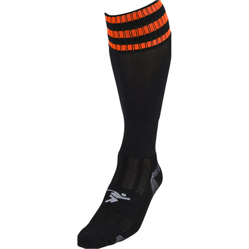 JUNIOR Size 12-2 Pro 3 Stripe Football Socks - BLACK/ORANGE - Contoured Ankle