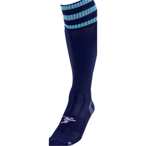 ADULT Size 7-11 Pro 3 Stripe Football Socks - NAVY/SKY BLUE - Contoured Ankle