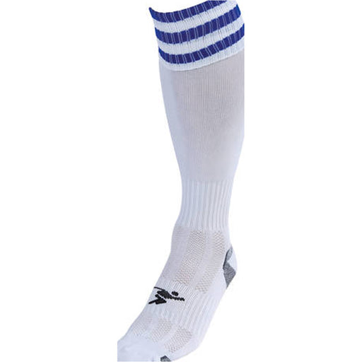 JUNIOR Size 12-2 Pro 3 Stripe Football Socks - WHITE/ROYAL BLUE - Contoured Ankle
