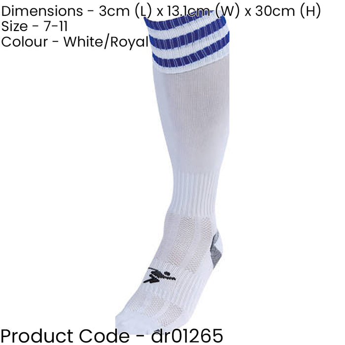 ADULT Size 7-11 Pro 3 Stripe Football Socks - WHITE/ROYAL BLUE - Contoured Ankle