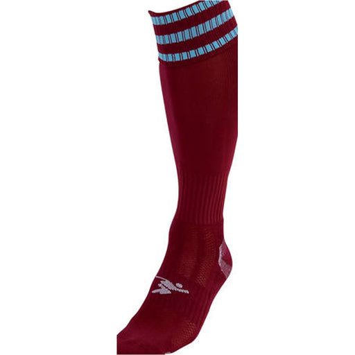 JUNIOR Size 3-6 Pro 3 Stripe Football Socks - MAROON/SKY BLUE - Contoured Ankle