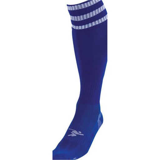 JUNIOR Size 12-2 Pro 3 Stripe Football Socks - ROYAL BLUE/WHITE Contoured Ankle