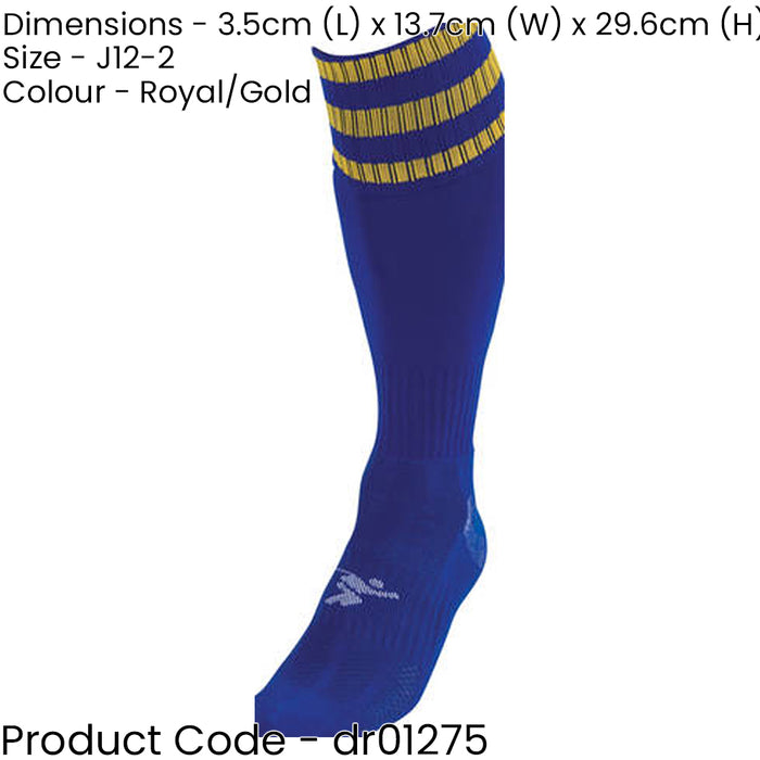 JUNIOR Size 12-2 Pro 3 Stripe Football Socks - ROYAL BLUE/GOLD - Contoured Ankle