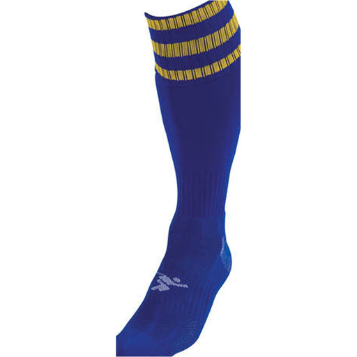 ADULT Size 7-11 Pro 3 Stripe Football Socks - ROYAL BLUE/GOLD - Contoured Ankle