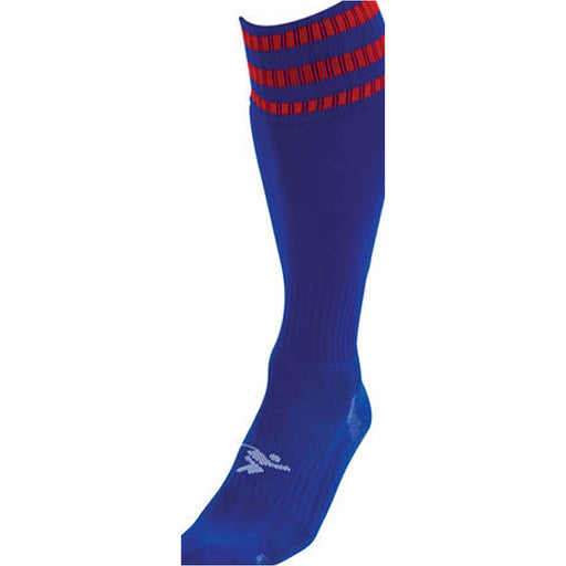 JUNIOR Size 12-2 Pro 3 Stripe Football Socks - ROYAL BLUE/RED - Contoured Ankle