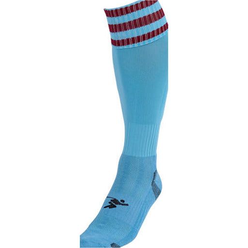 JUNIOR Size 12-2 Pro 3 Stripe Football Socks - SKY BLUE/MAROON - Contoured Ankle