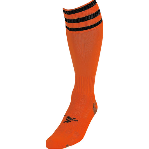 ADULT Size 7-11 Pro 3 Stripe Football Socks - ORANGE/BLACK - Contoured Ankle