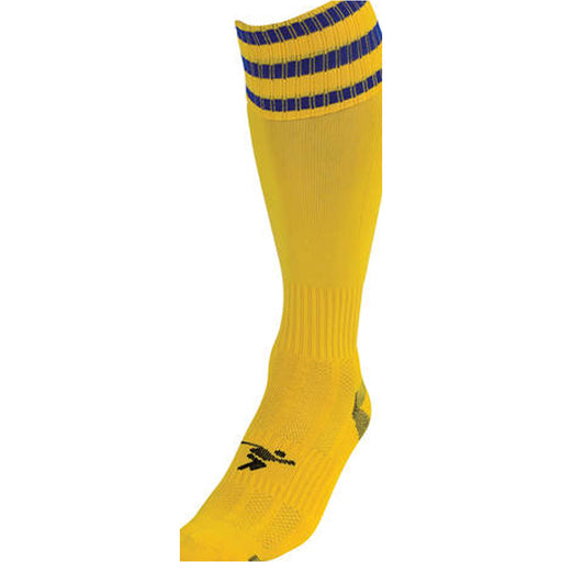 JUNIOR Size 12-2 Pro 3 Stripe Football Socks - YELLOW/ROYAL BLUE Contoured Ankle