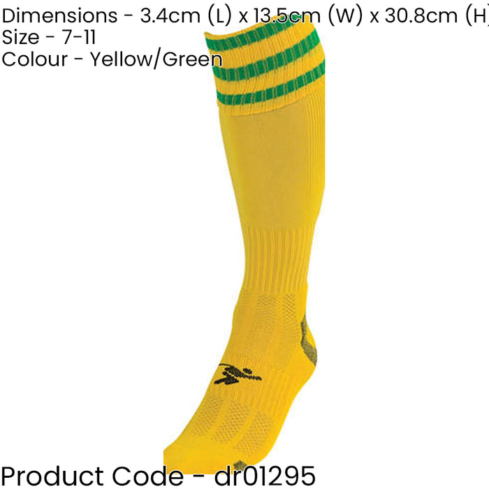 ADULT Size 7-11 Pro 3 Stripe Football Socks - YELLOW/GREEN - Contoured Ankle