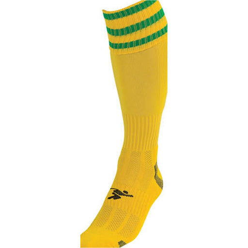 ADULT Size 7-11 Pro 3 Stripe Football Socks - YELLOW/GREEN - Contoured Ankle