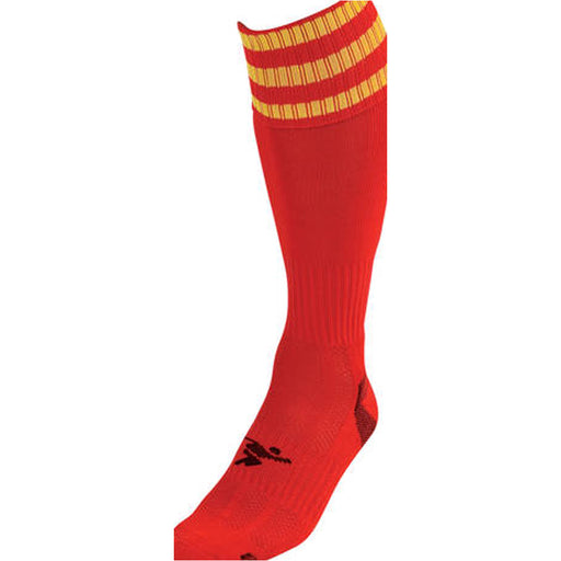 JUNIOR Size 12-2 Pro 3 Stripe Football Socks - RED/YELLOW - Contoured Ankle