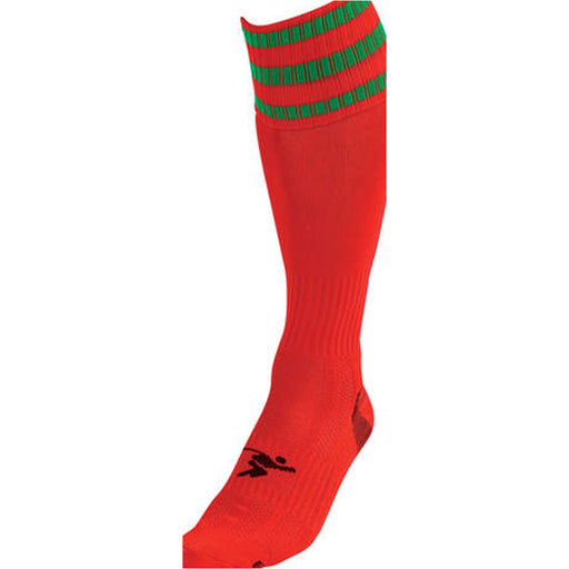 JUNIOR Size 3-6 Pro 3 Stripe Football Socks - RED/GREEN - Contoured Ankle