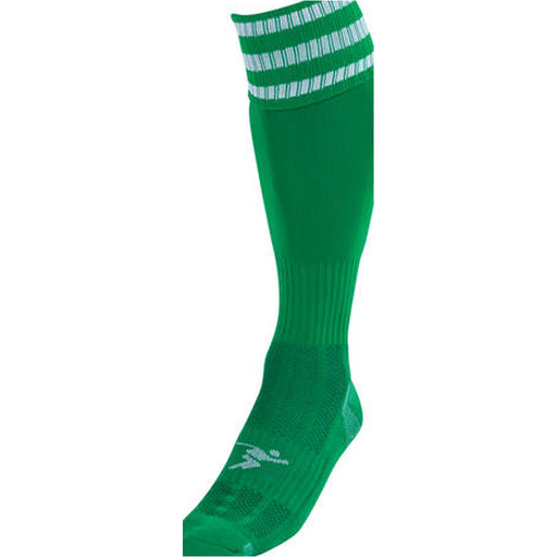 JUNIOR Size 12-2 Pro 3 Stripe Football Socks - GREEN/WHITE - Contoured Ankle