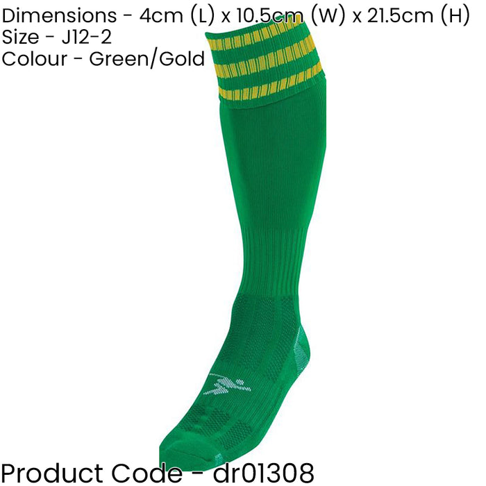 JUNIOR Size 12-2 Pro 3 Stripe Football Socks - GREEN/GOLD - Contoured Ankle