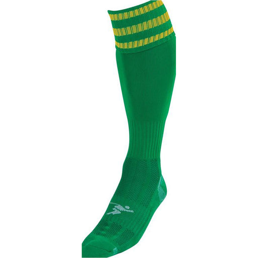 ADULT Size 7-11 Pro 3 Stripe Football Socks - GREEN/GOLD - Contoured Ankle