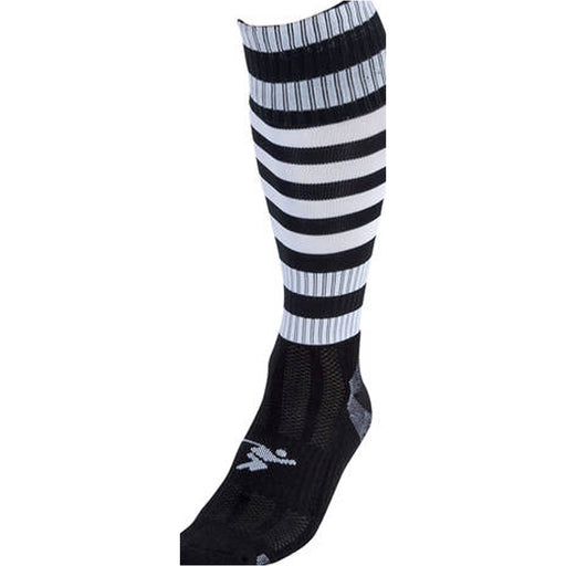 JUNIOR Size 12-2 Hooped Stripe Football Socks - BLACK/WHITE - Contoured Ankle