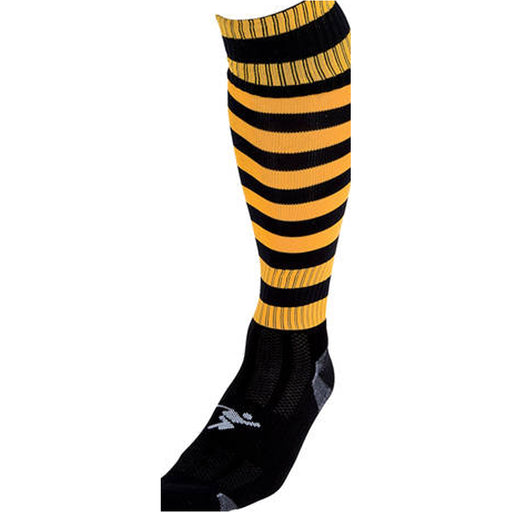 JUNIOR Size 3-6 Hooped Stripe Football Socks - BLACK/AMBER - Contoured Ankle
