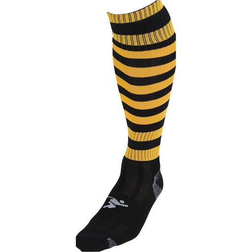 ADULT Size 7-11 Hooped Stripe Football Socks - BLACK/AMBER - Contoured Ankle