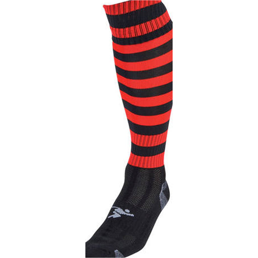 JUNIOR Size 12-2 Hooped Stripe Football Socks - BLACK/RED - Contoured Ankle