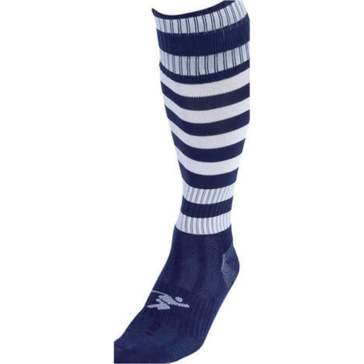 JUNIOR Size 12-2 Hooped Stripe Football Socks - NAVY/WHITE - Contoured Ankle
