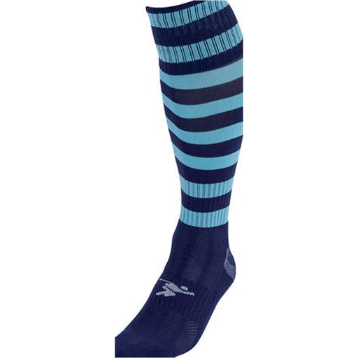 ADULT Size 7-11 Hooped Stripe Football Socks - NAVY/SKY BLUE - Contoured Ankle