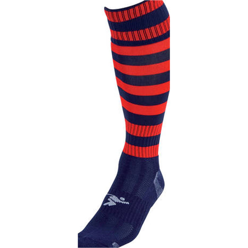 ADULT Size 7-11 Hooped Stripe Football Socks - NAVY/RED - Contoured Ankle