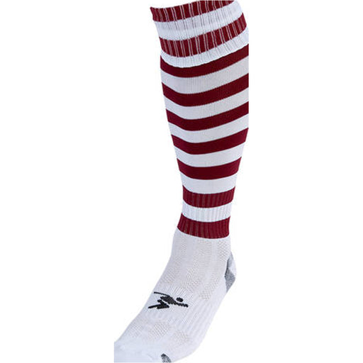 JUNIOR Size 12-2 Hooped Stripe Football Socks - WHITE/MAROON - Contoured Ankle