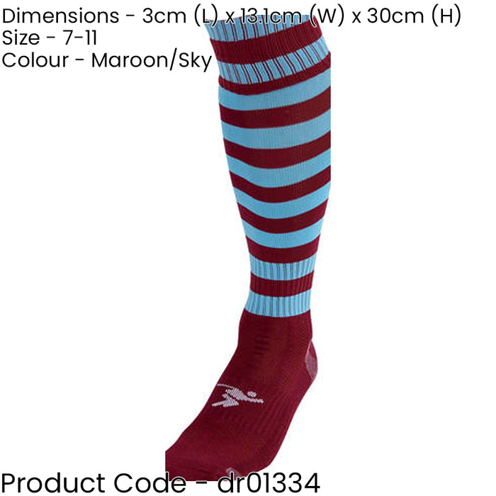 ADULT Size 7-11 Hooped Stripe Football Socks - MAROON/SKY BLUE - Contoured Ankle