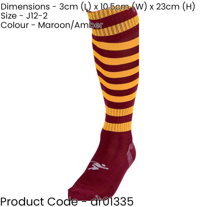 JUNIOR Size 12-2 Hooped Stripe Football Socks - MAROON/AMBER - Contoured Ankle