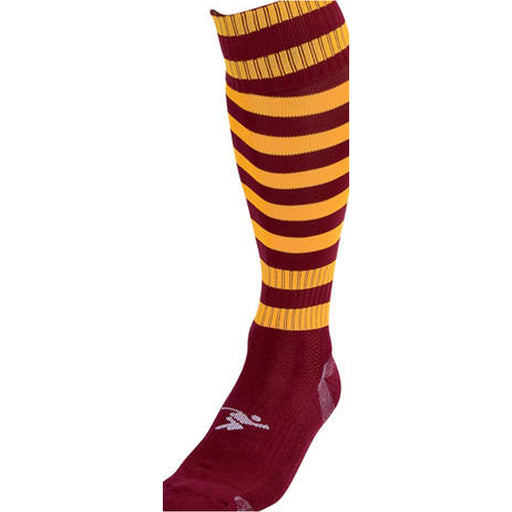 JUNIOR Size 12-2 Hooped Stripe Football Socks - MAROON/AMBER - Contoured Ankle