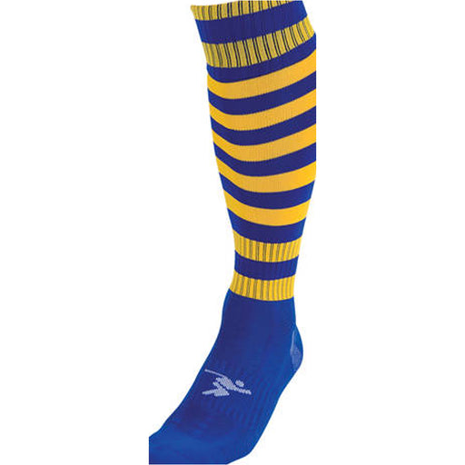 JUNIOR Size 12-2 Hooped Stripe Football Socks - ROYAL BLUE/GOLD Contoured Ankle