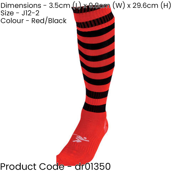 JUNIOR Size 12-2 Hooped Stripe Football Socks RED/BLACK Contoured Ankle