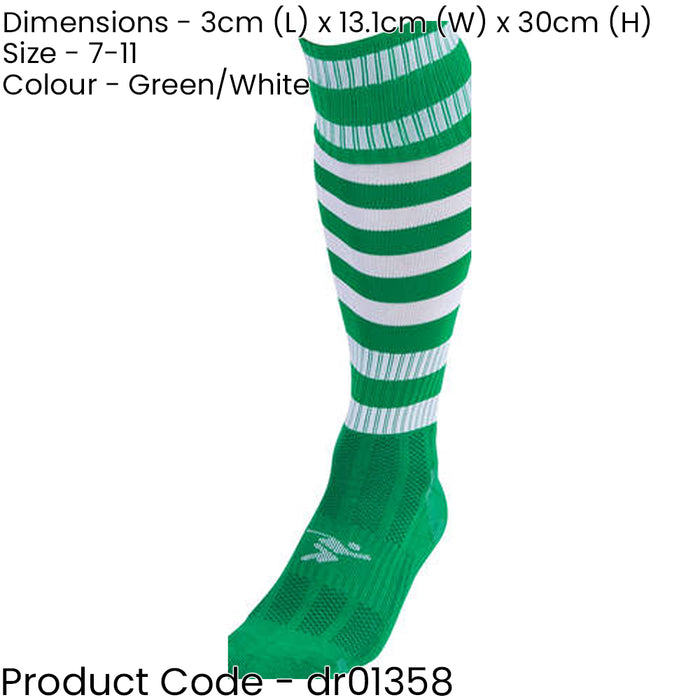 ADULT Size 7-11 Hooped Stripe Football Socks - GREEN/WHITE Contoured Ankle