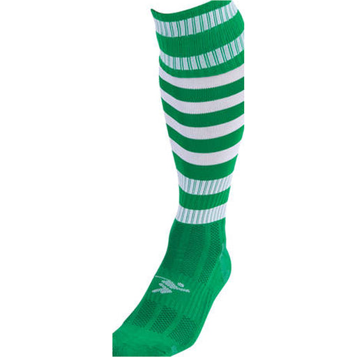 ADULT Size 7-11 Hooped Stripe Football Socks - GREEN/WHITE Contoured Ankle