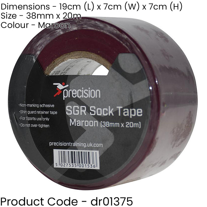 5 PACK - 38mm x 20m MAROON Sock Tape - Football Shin Guard Pads Holder Tape