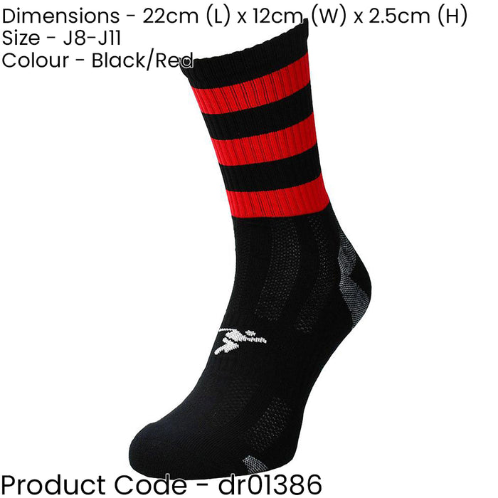 JUNIOR Size 8-11 Hooped Stripe Football Crew Socks BLACK/RED Training Ankle