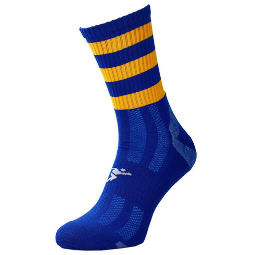 JUNIOR Size 8-11 Hooped Stripe Football Crew Socks ROYAL BLUE/AMBER Training