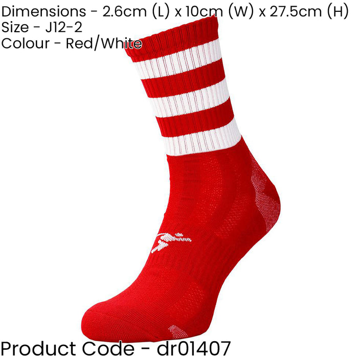 JUNIOR Size 12-2 Hooped Stripe Football Crew Socks RED/WHITE Training Ankle